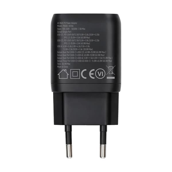 Rvelon Vægoplader 2x USB-C og USB-A 65W GaN - Sort
