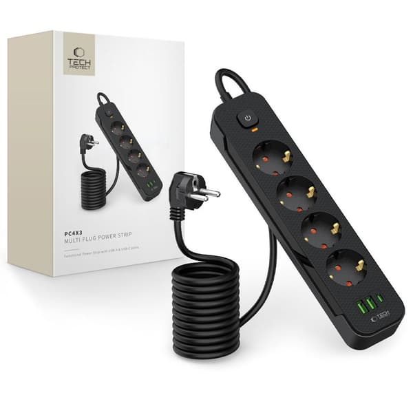 Tech-Protect Strømskinne med 4 Stik 240V + 2x USB-A + 1x USB-C - Sort