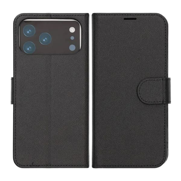 Lompakkokotelo jalustalla iPhone 17 Prolle - Musta