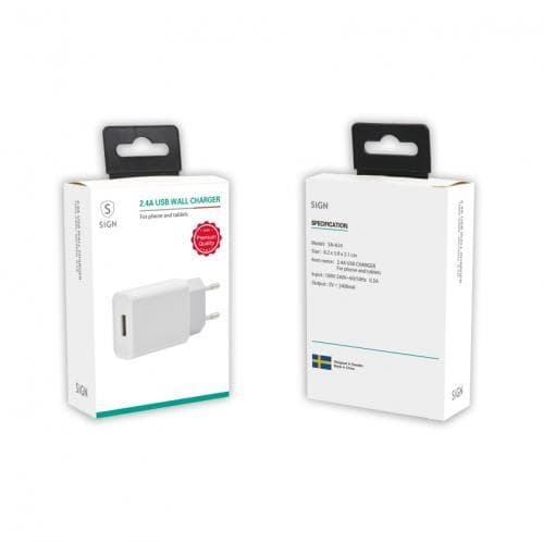 SiGN Væglader til iPhone, iPad, Android 1xUSB-A, 2.4A - Hvid