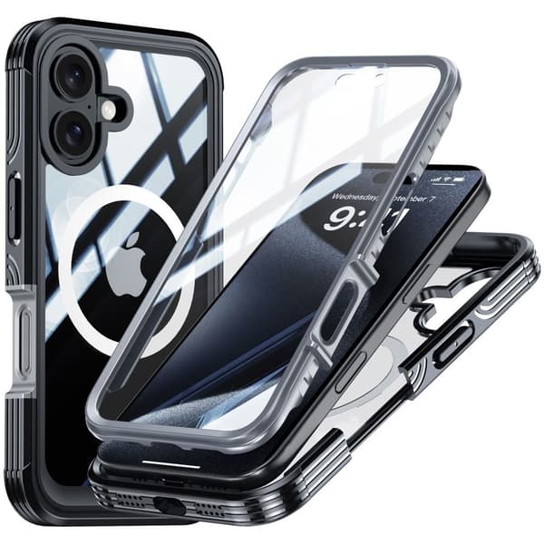 iPhone 16 -kotelo näytönsuojalla - Musta