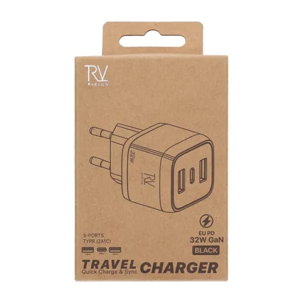 Rvelon Vægoplader USB-C + 2x USB-A 32W GaN - Sort