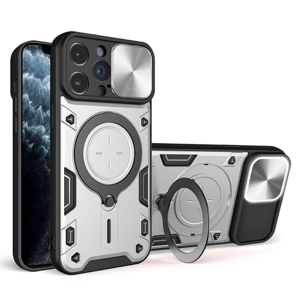 iPhone 11 Pro Max Stativ Etui med Skyde Kameralåg – Sølv