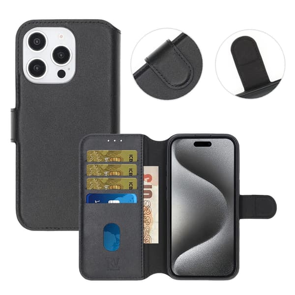 iPhone 16 Pro Pung Etui Ægte Læder Rvelon - Sort