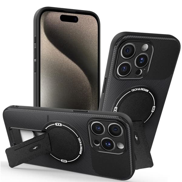iPhone 15 Pro Cover med Støttefod, Kulfibertekstur - Sort
