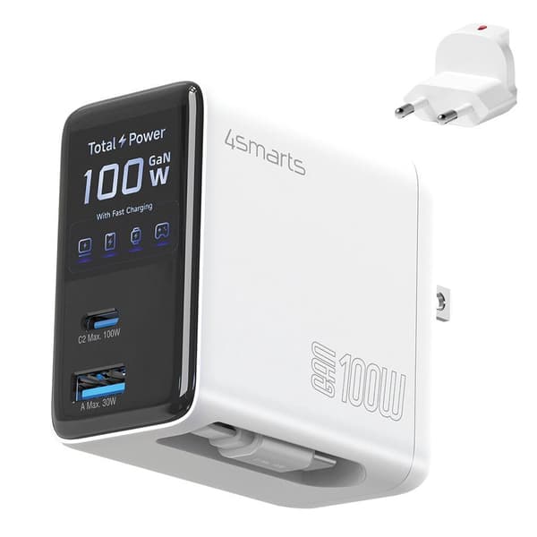 4Smarts GaN Flex 100W Rejseadapter/Oplader EU/US til USB-C/USB-A + USB-C kabel