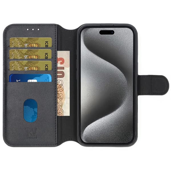 iPhone 16 Plus Pung Etui Ægte Læder Rvelon - Sort