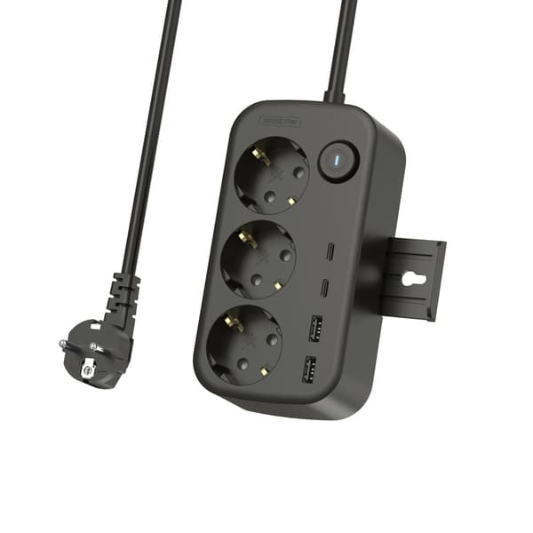 NEXTBATT Strømskinne 3 stikdåser 230V/2x USB-A/2x USB-C, 150cm