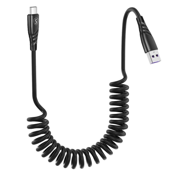 SiGN 15W Spiral USB-A til USB-C Hurtigopladningskabel til Bil – Sort