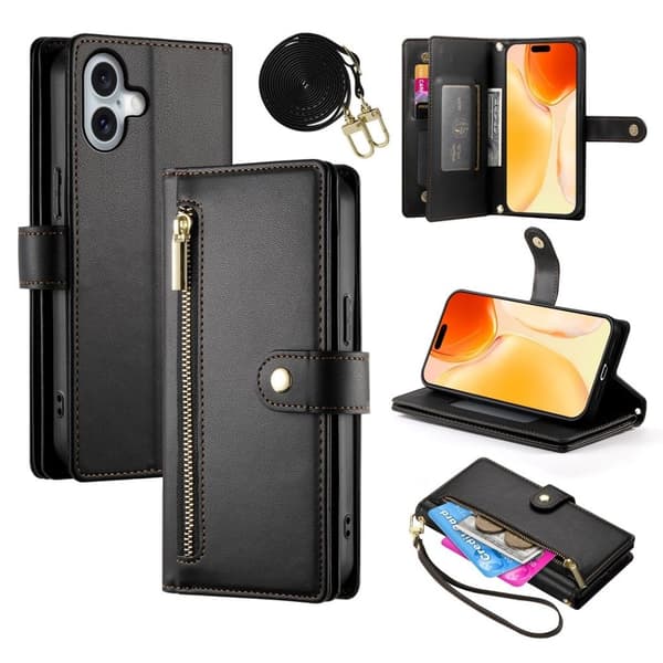 iPhone 17 Wallet Cover med bærestrop - Sort