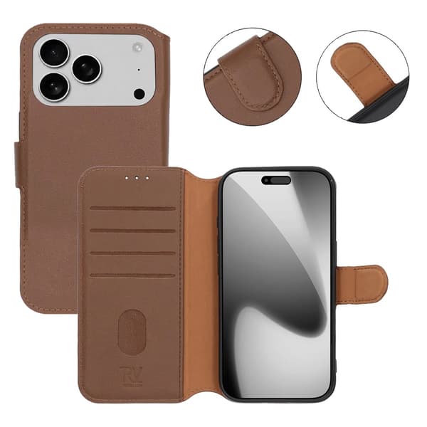 Rvelon Plånboksfodral Äkta Läder för iPhone 17 Pro - Brun