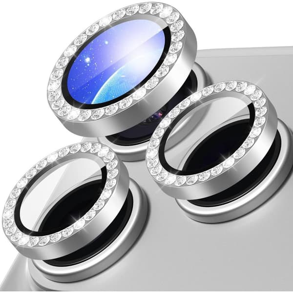 iPhone 18 Pro Max Linsskydd Härdat Glas Metallring med Strass - Silver