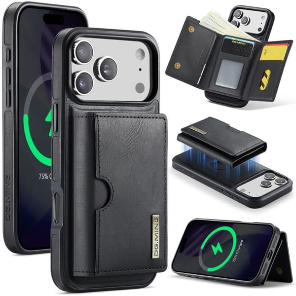 DG.MING iPhone 18 Pro/17 Pro -kotelo magneettisella lompakolla - Musta