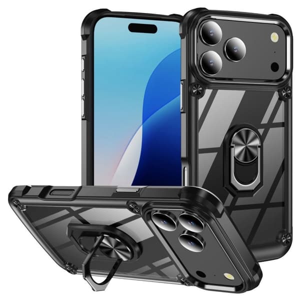 iPhone 17 Pro Max cover sort med støttefod og linseramme i legering