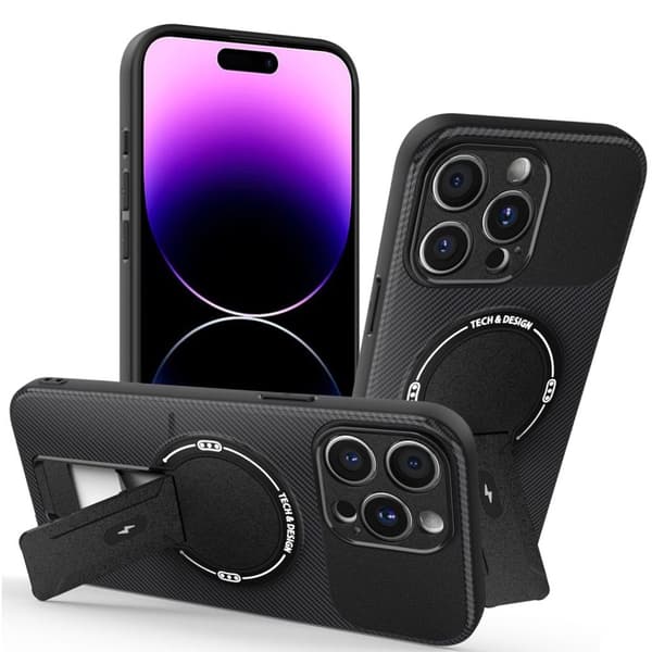 iPhone 14 Pro Max Cover Stativ Kulfibertekstur - Sort