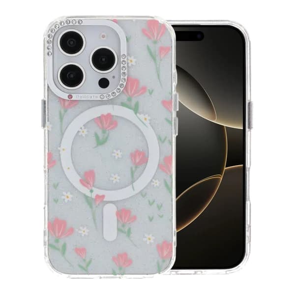 Blomstret Cover med Magsafe til iPhone 16 Pro Max - Rosa