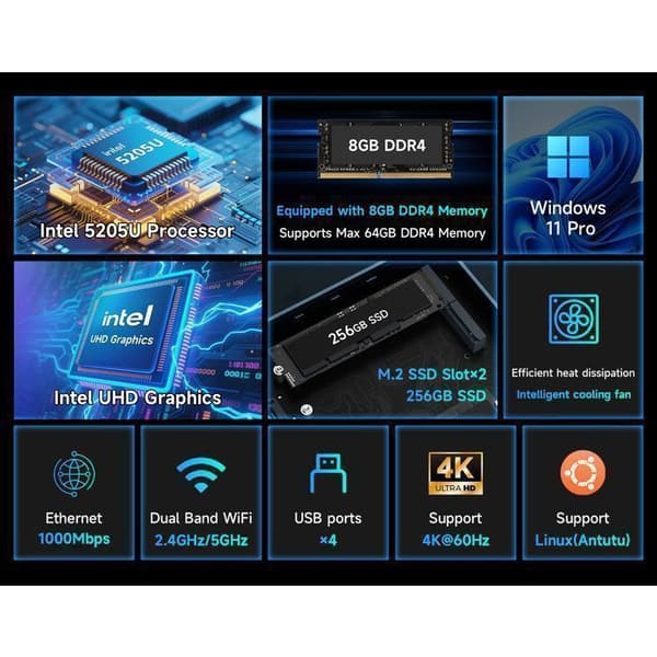 Mini PC - BMAX - B2 Power - Intel Celeron 5205U - 8GB DDR4 - 256GB SSD
