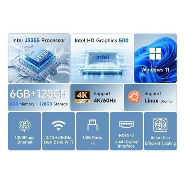 BMAX - B1 Plus - Mini PC - Intel ® J3355 - 6Go RAM - 128Go SSD - Windows 11 - billig minipc - WiFi 5G - Bluetooth 5.0
