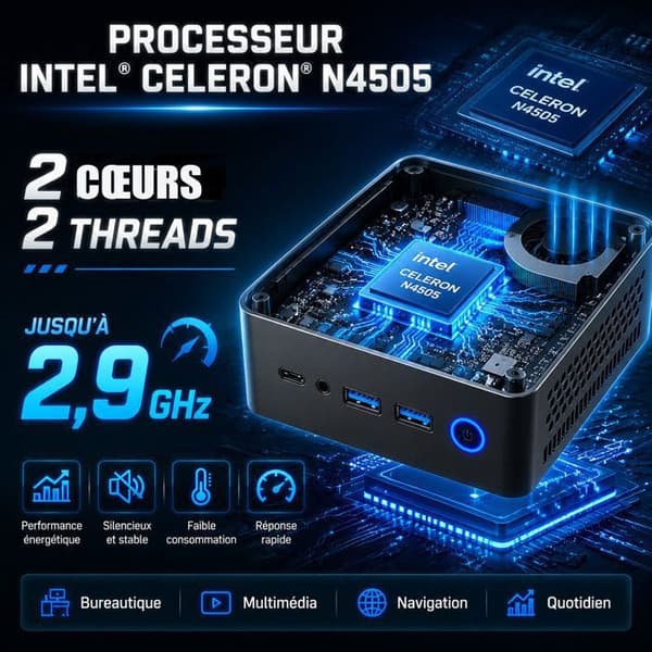 Mini PC - ERVPES - E1 -PRO-Intel Celeron N4505 - 8 Go DDR4 - SSD NVMe 256 Go - edullinen minipc