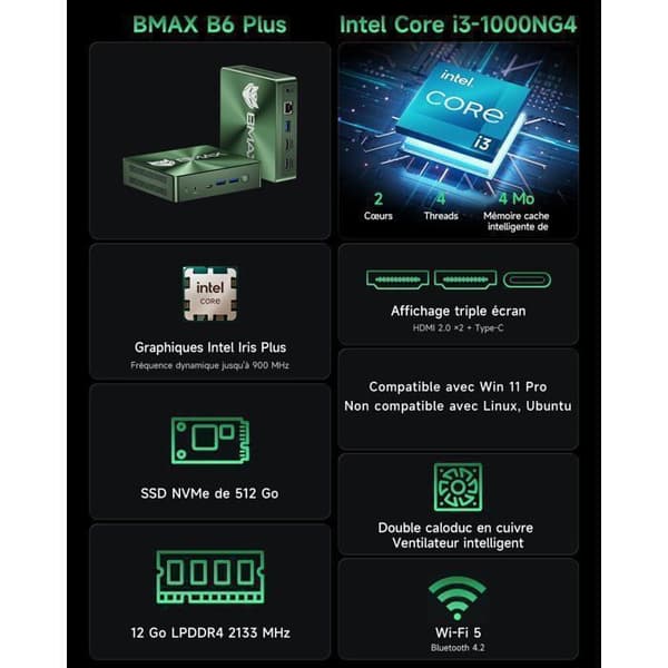 Mini PC-BMAX -B6 Plus - Intel Core i3 1000NG4 - 12Go RAM+512Go SSD- Windows 11 - billig minipc