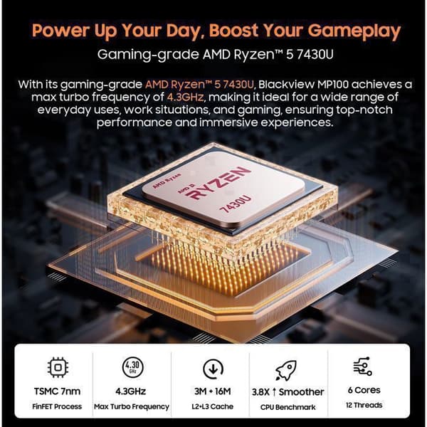 Mini PC - BLACKVIEW - MP100 - AMD Ryzen 5 7430U - 16Go RAM + 512Go SSD - Windows 11 Pro