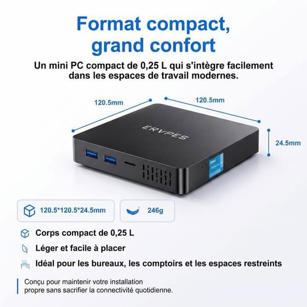 Mini PC - ERVPES - B20E - Intel G6500Y - 8Gt RAM + 128 Gt SSD - Windows 11 Pro