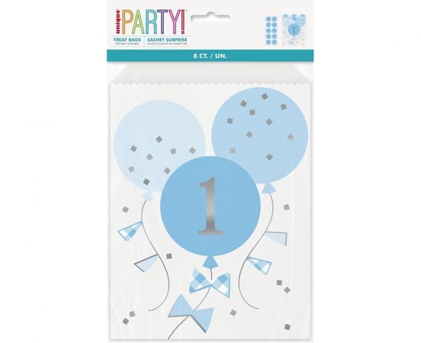 First Birthday blå papperspåsar, 8-pack