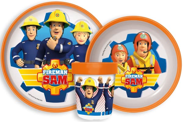 Fireman Sam dinner set with non-slip bottom, microwave-safe plastic