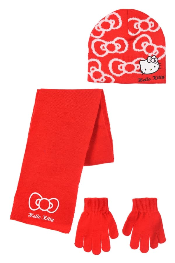 Hello Kitty rosett röd barnmössa + halsduk + vantar set 52 cm