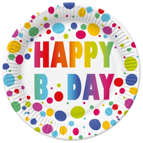 Happy Birthday Dots papperstallrik set 8 st 18 cm