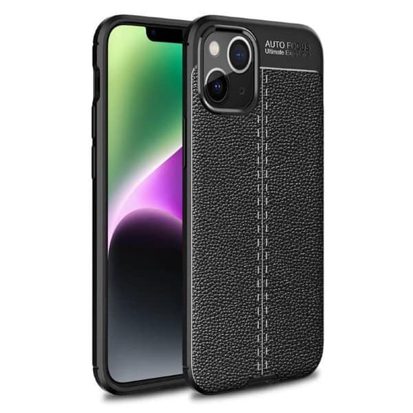 Lædermønstret TPU Cover til Apple iPhone 14 - Sort
