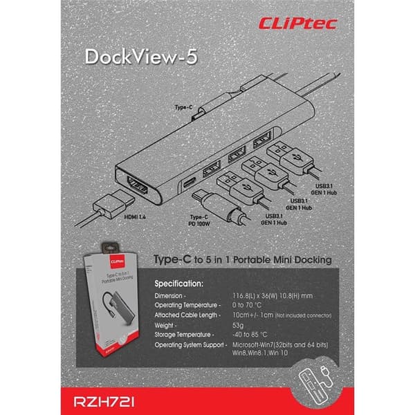 CLiPtec Adapter Hub USB-C 5in1 RZH-721