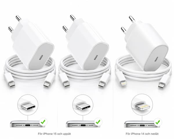 3-pakning hurtiglader iPhone 15, 16, 17 + iPhone 14 og eldre – USB-C og Lightning