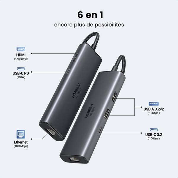 USB-C-hub 6 i 1 - UGREEN - Grå