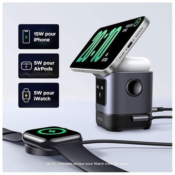 2-i-1 opladningsstation - UGREEN - Robot - Qi2 - Sort