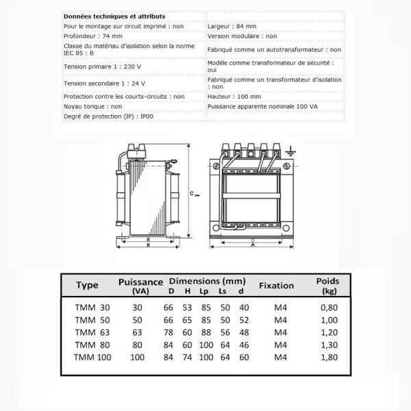 Transformator - TMM - 100VA - 230/24V - IP00