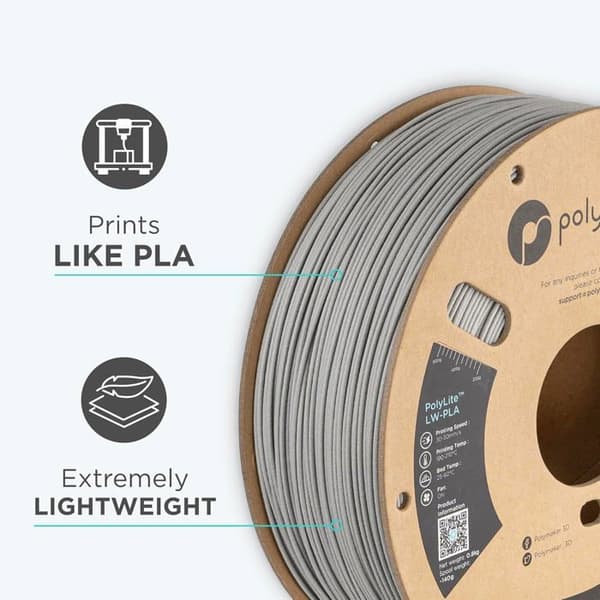 Polymaker PolyLite LW-PLA filament 1,75 mm - 800 g, Lys grå