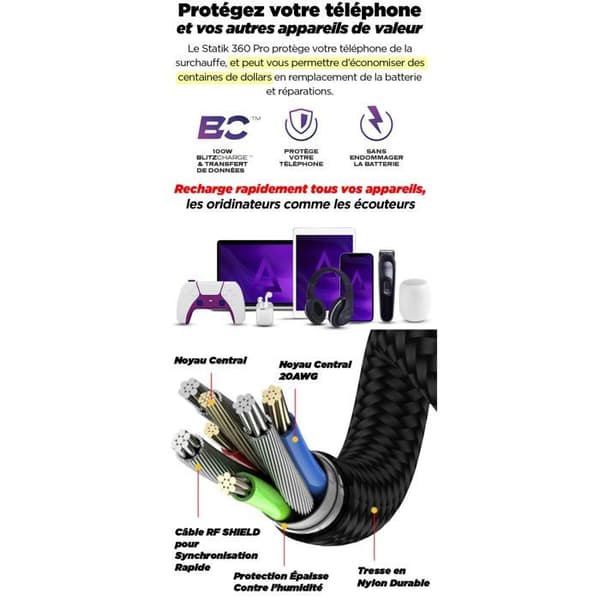 Telefonkabel Multi-ends - STATIK - Statik 360 Pro Kabel 2.0 - 100 W - 480 Mo/s - Sort