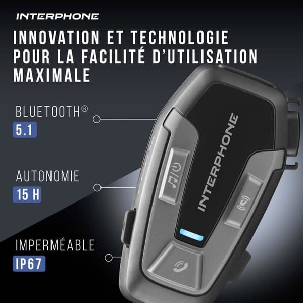 Intercom Bluetooth - INTERPHONE - UCOM6R - Langvarig Batterilevetid - Genopladelig USB - Sort