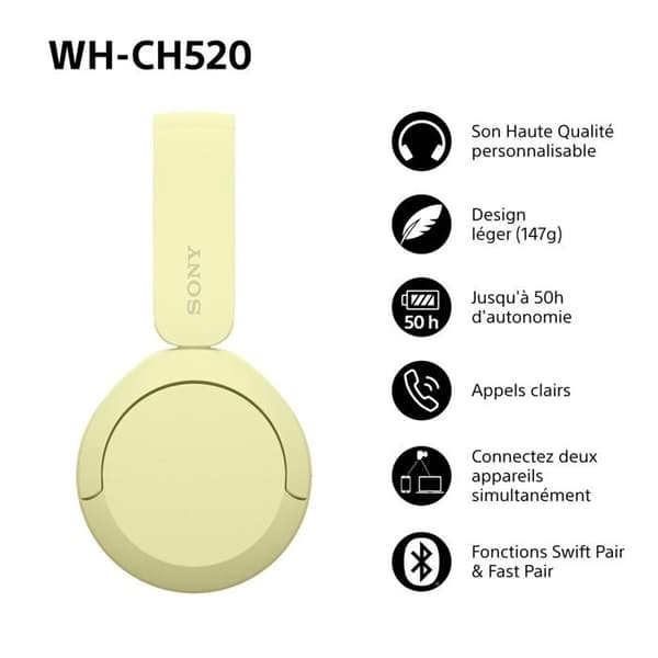 Sony trådløse Bluetooth multipoint headset WHCH520 Gul