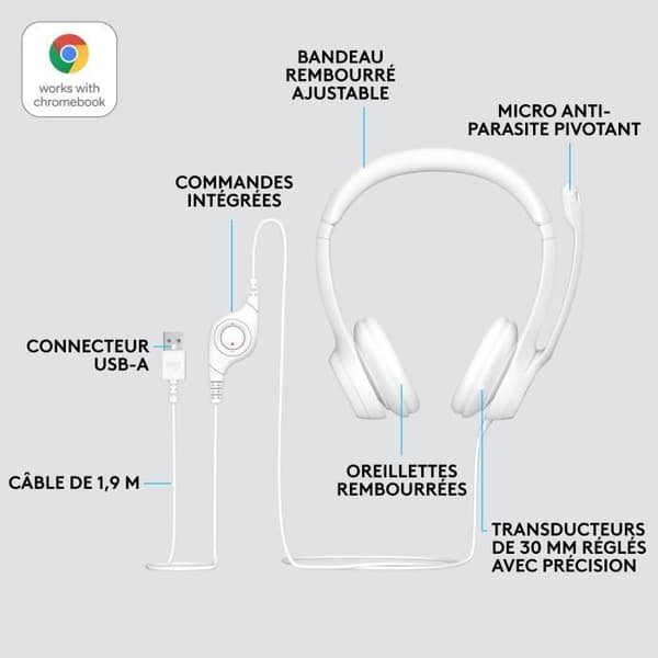 Hörlurar - Trådad - Logitech - H390 - USB - Störningsskydd - Vit