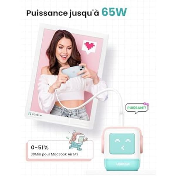 USB-C laddare - UGREEN - Uno - 65W - 3 portar - Kompatibel iPhone och MacBook