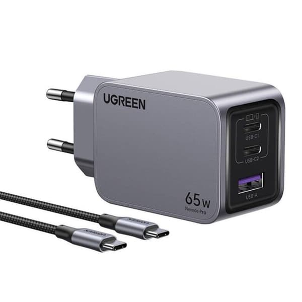 Ugreen Nexode Pro 65W Vägghylla 2xUSB-C 1xUSB-A med 1,5M USB-C-kabel Grå
