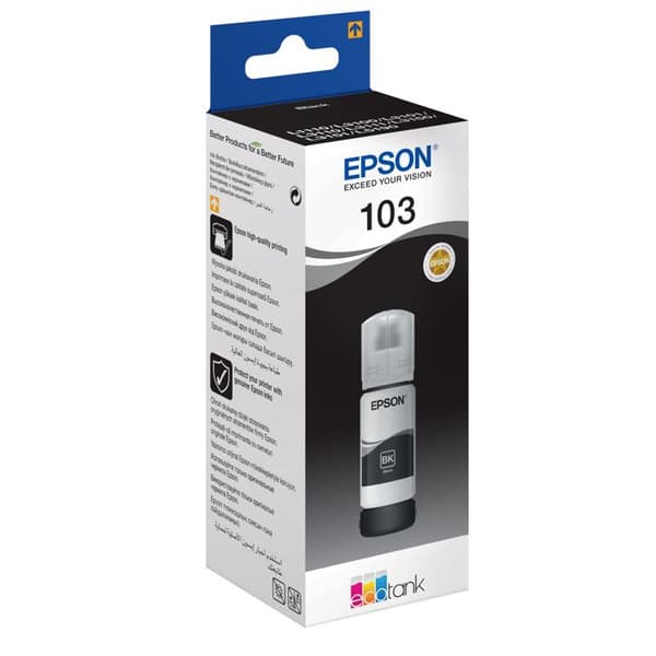 Bläck - Epson - EcoTank 103 - Svart - 65ml - Fläckresistenta utskrifter