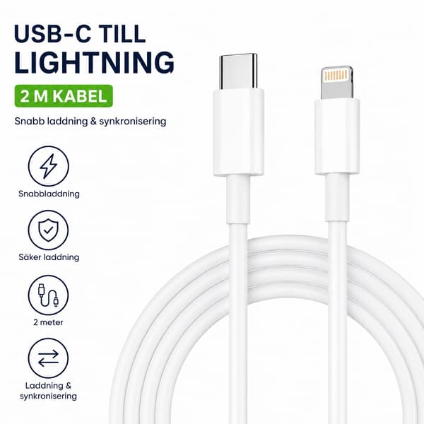 USB-C til Lightning-kabel 2 m Hvit – kompatibel med Apple iPhone og iPad
