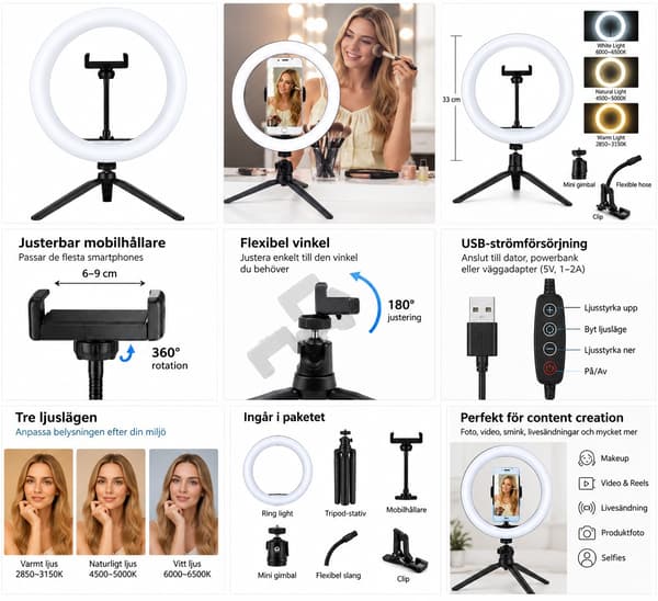 Ring Light med Stativ & Mobilholder – 33 cm, 168 LED, 3 Lysmoduser, USB