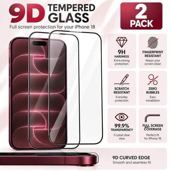 9D Härdat Skärmskydd i Glas för iPhone 18 Pro – 2-pack
