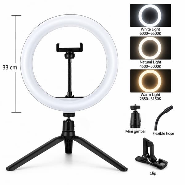 Ring Light med Stativ & Mobilholder – 33 cm, 168 LED, 3 Lysmoduser, USB