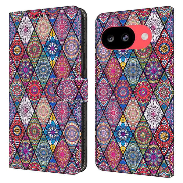Plånboksfodral för Google Pixel 10a med mönstertryck i veganskt läder och utfällbart stativ - Rött Läder