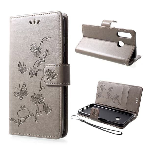 Huawei P30 Lite trykt sommerfugle blomster læder flip etui - Grå